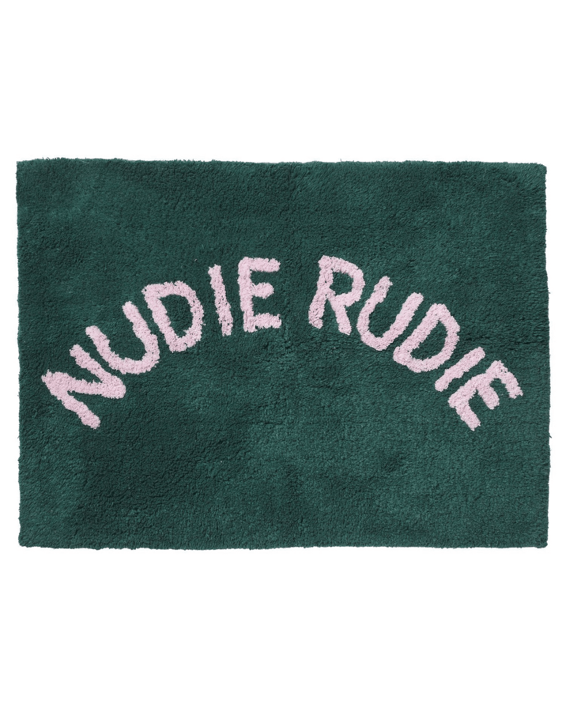 tula tufted bath mat with nudie rudie writing in peacock colour