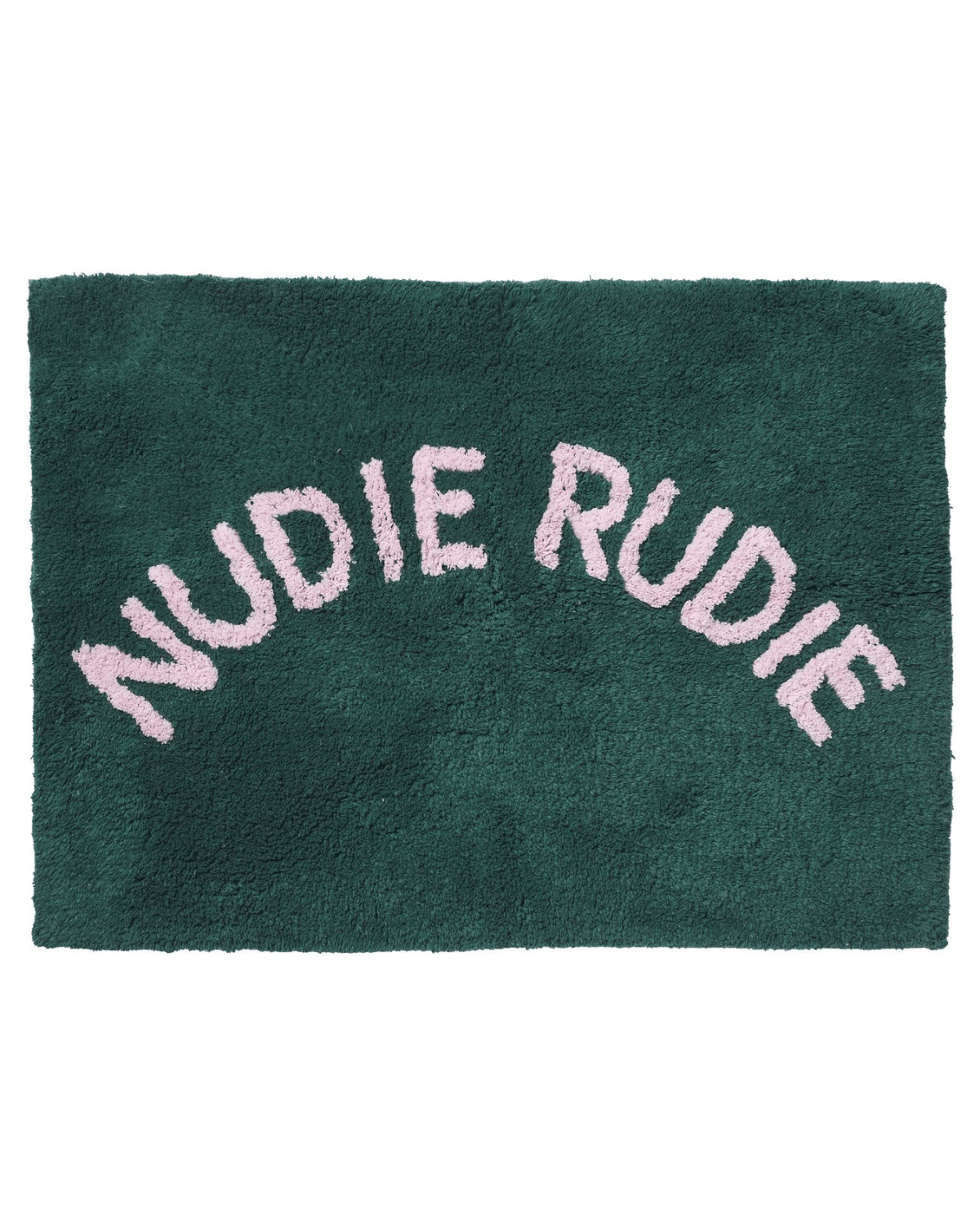 tula tufted bath mat with nudie rudie writing in peacock colour