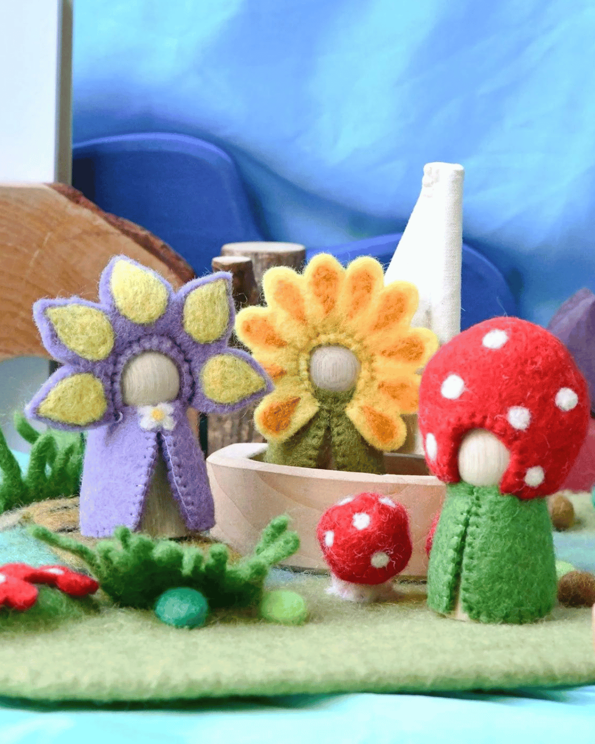 Floral Felt Peg Dolls Set - Sunflower, Iris and Toadstool by Tara Treasures