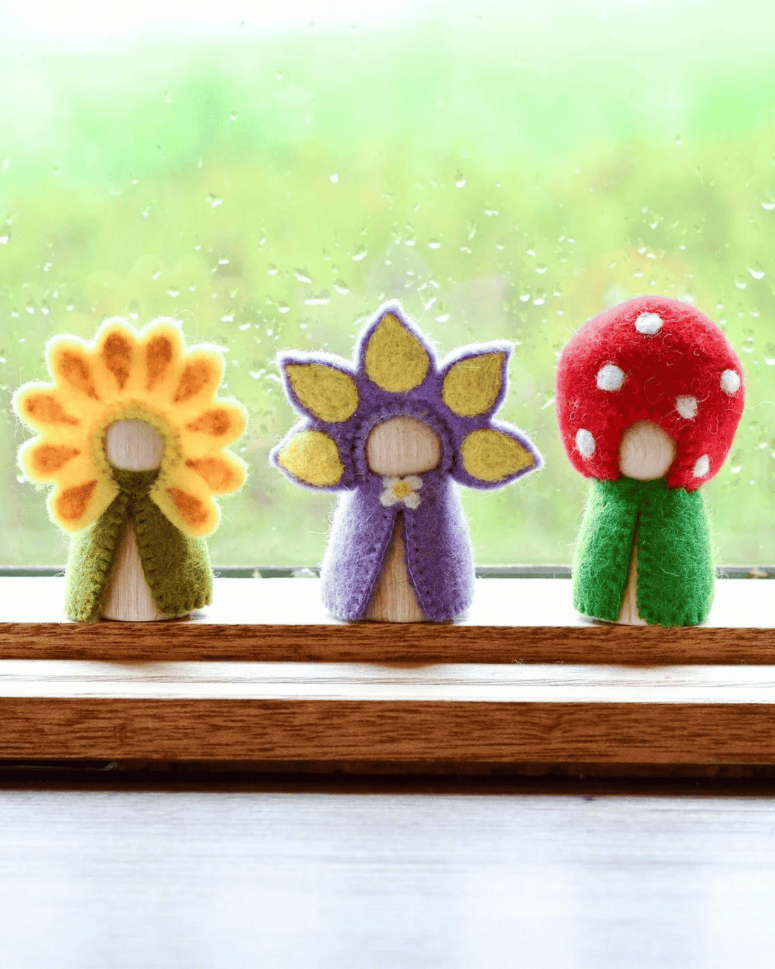 Floral Felt Peg Dolls Set - Sunflower, Iris and Toadstool by Tara Treasures