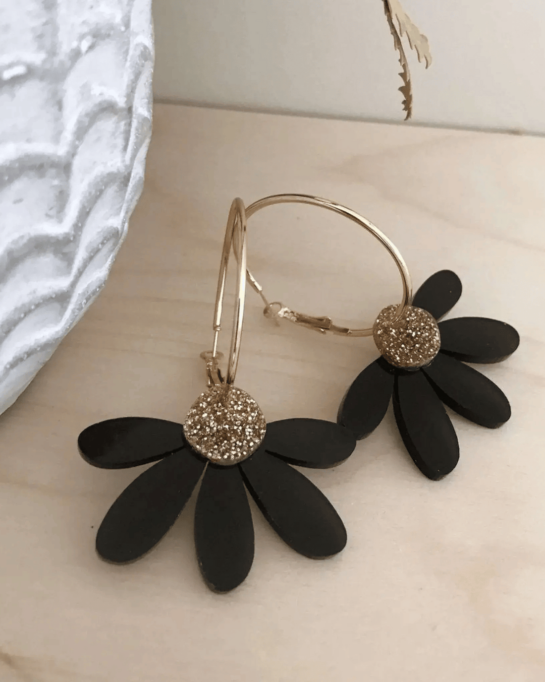 Jumbo Daisy Hoop Earrings in Black &amp; Gold Glitter by Foxie Collective