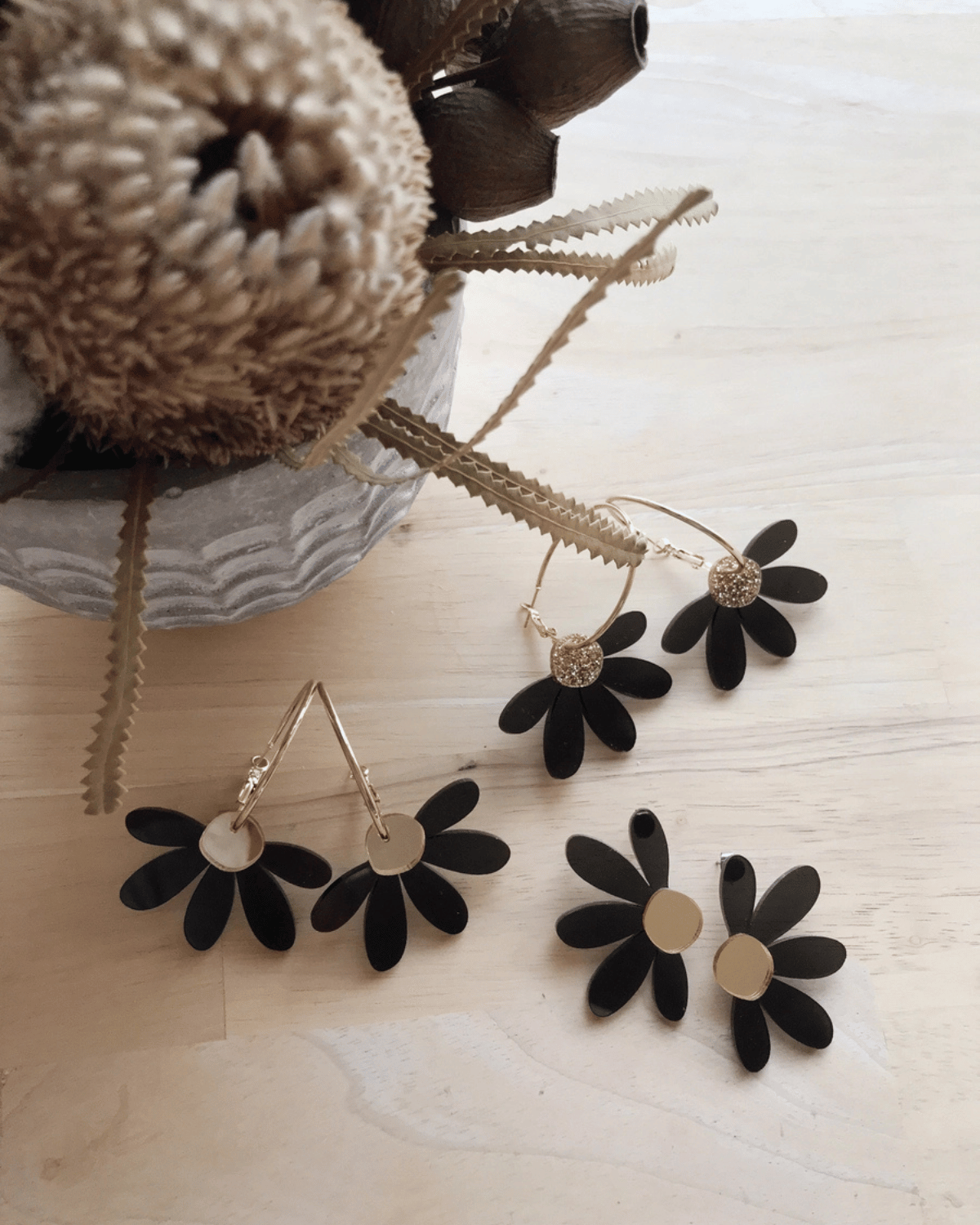 Jumbo Daisy Hoop Earrings - Black &amp; Gold by Foxie Collective