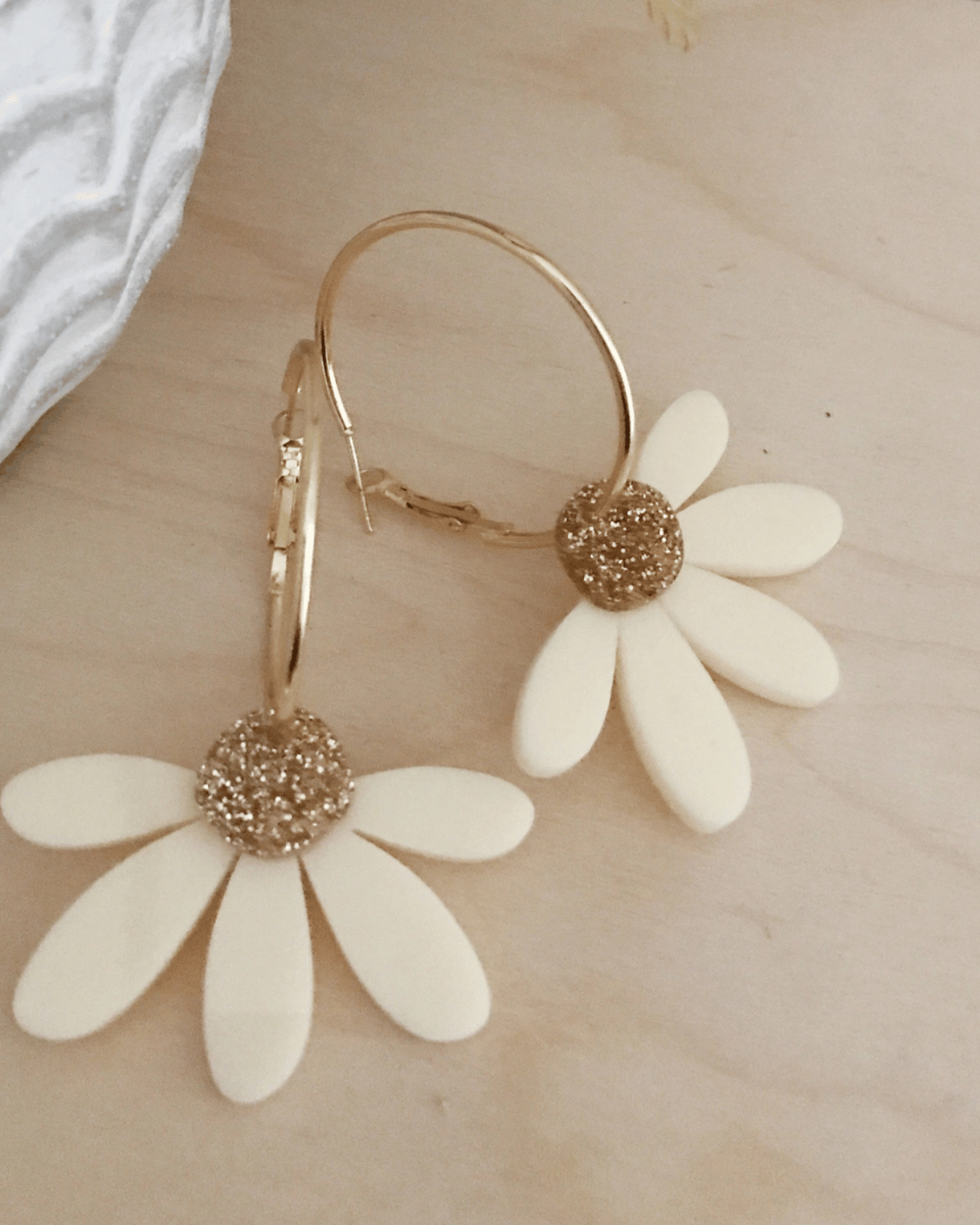 Jumbo Daisy Hoop Earrings in Cream &amp; Gold Glitter by Foxie Collective