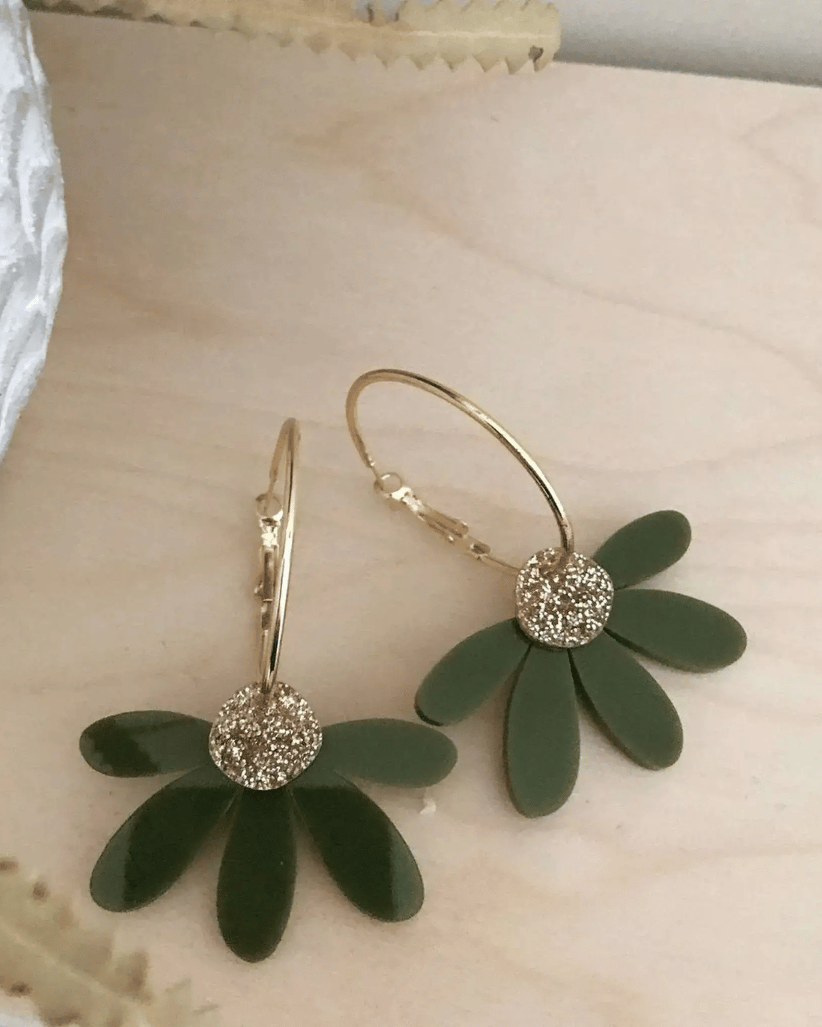 Jumbo Daisy Hoop Earrings in Olive &amp; Gold Glitter by Foxie Collective