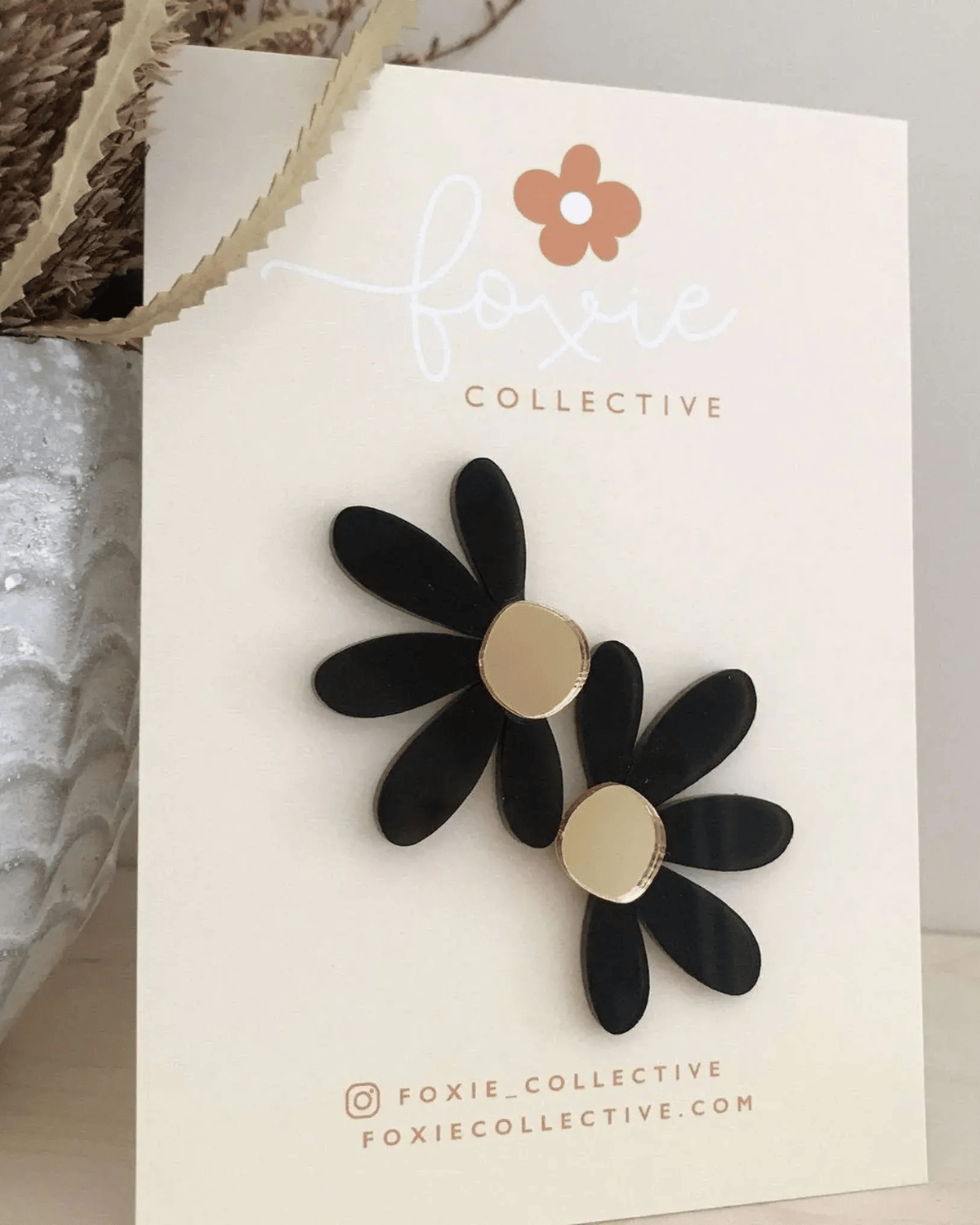 Jumbo Daisy &amp; Stud Earrings in Black &amp; Gold by Foxie Collective