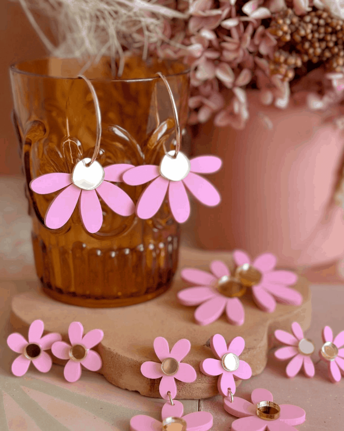 Jumbo Daisy Hoop Earrings in Candy Pink &amp; Gold by Foxie Collective - Muswellbrook Florist &amp; Polly &amp; Co