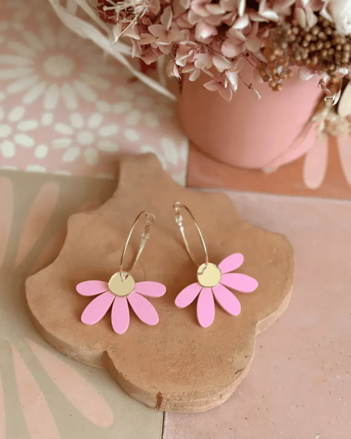 Jumbo Daisy Hoop Earrings in Candy Pink &amp; Gold by Foxie Collective - Muswellbrook Florist &amp; Polly &amp; Co