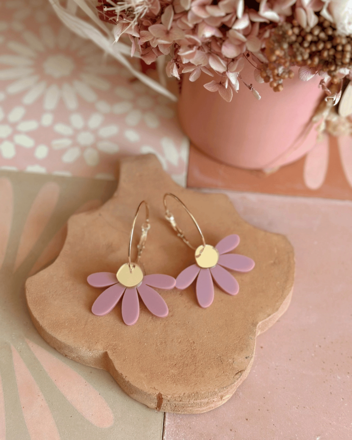 Jumbo Daisy Hoop Earrings in Dusty Lilac &amp; Gold by Foxie Collective