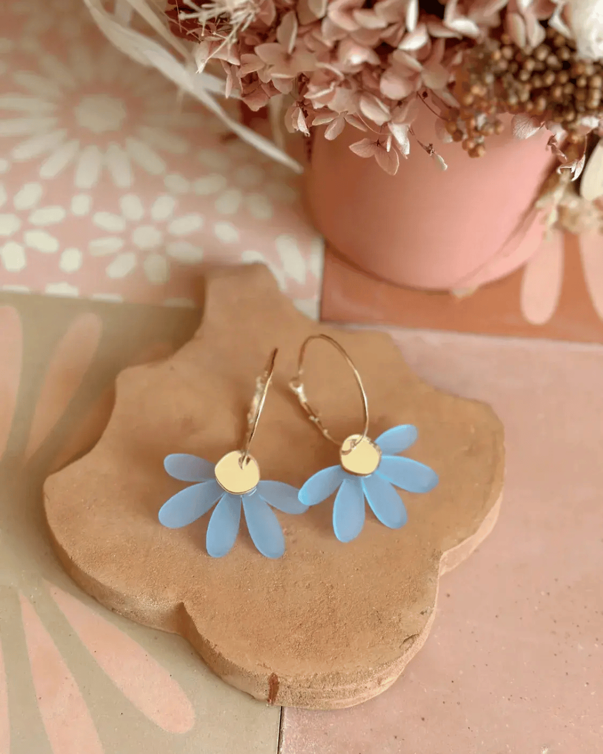 Jumbo Daisy Hoop Earrings in Frosted Blue &amp; Gold by Foxie Collective