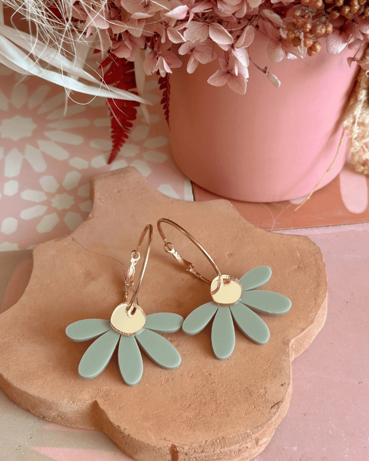 Jumbo Daisy Hoop Earrings in Sage &amp; Gold by Foxie Collective