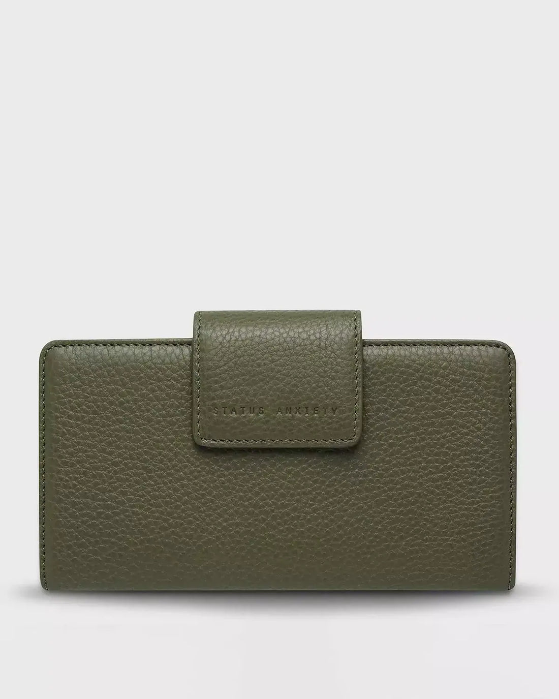 status anxiety womens leather wallet in khaki green front