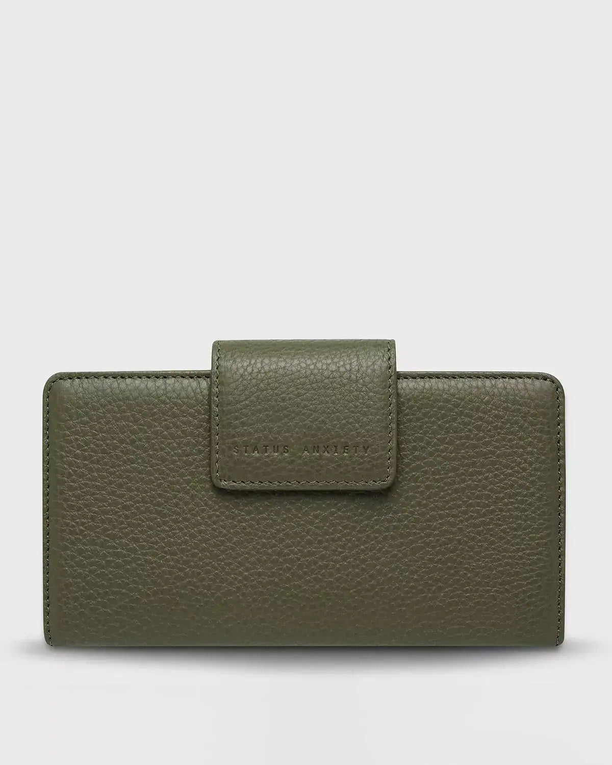 status anxiety womens leather wallet in khaki green front