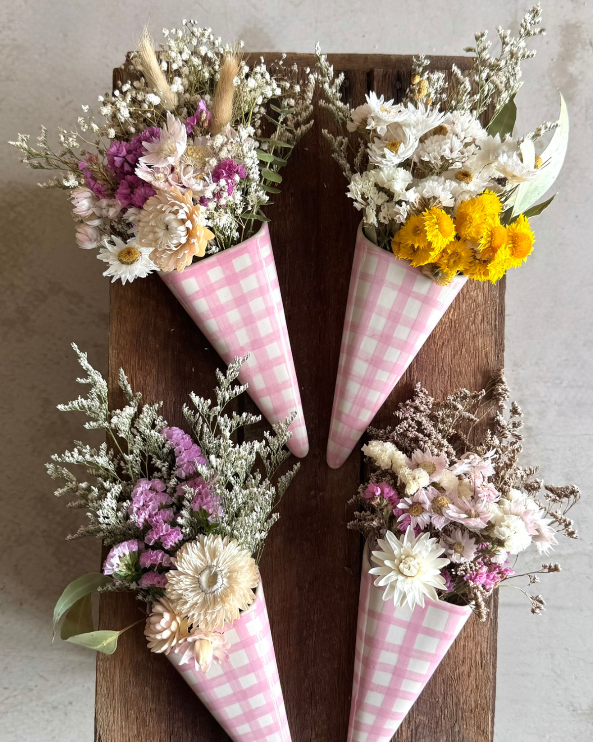 Wall Vase + Everlasting Flower Posie - Pink Check