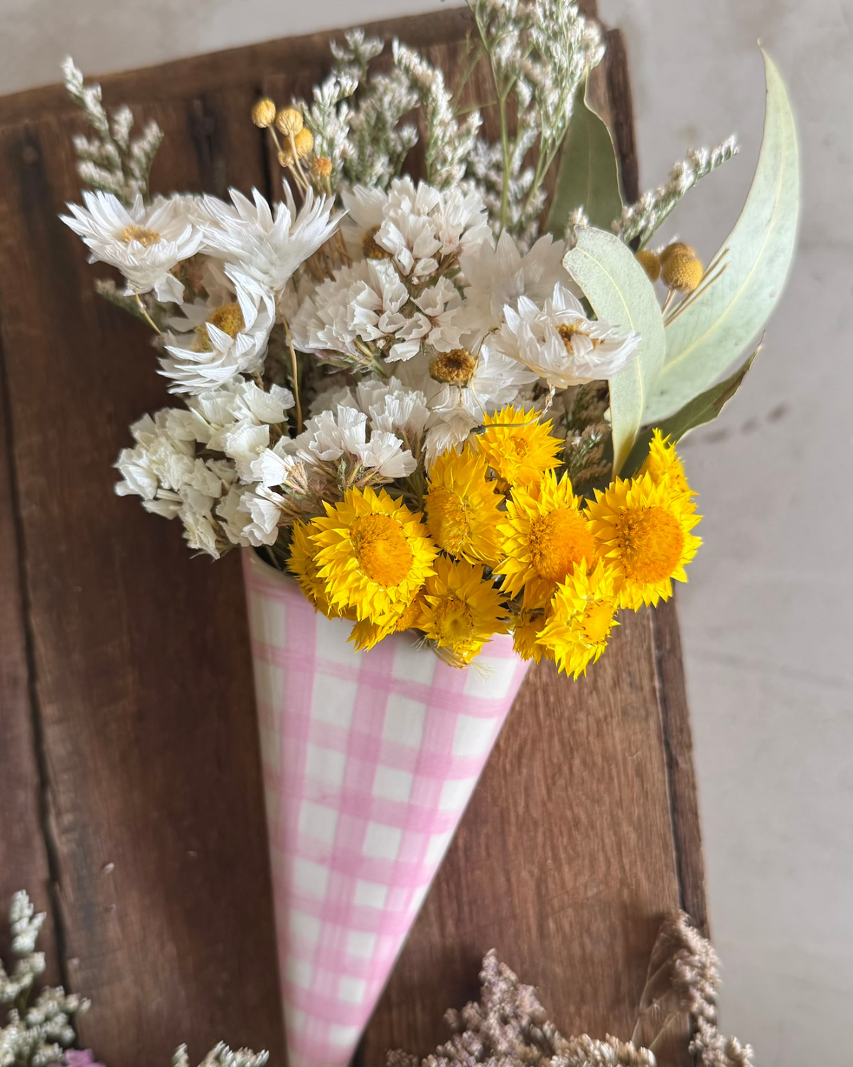 Wall Vase + Everlasting Flower Posie - Pink Check