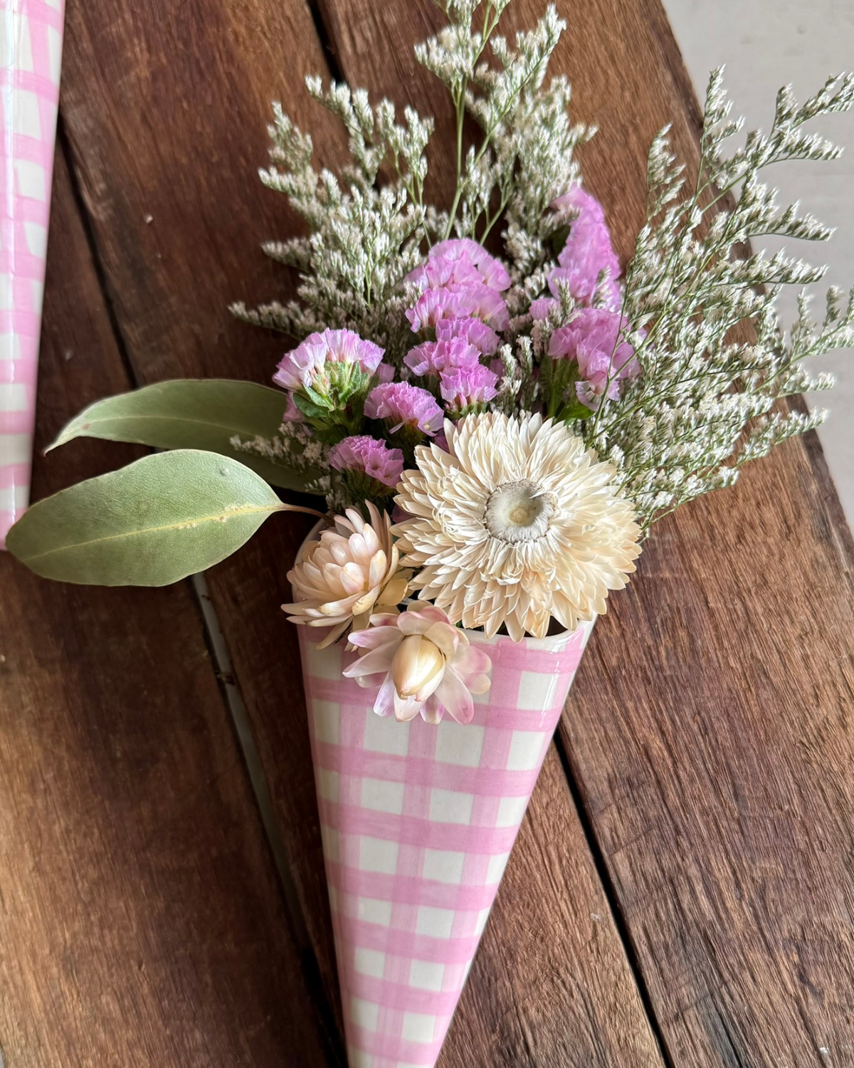 Wall Vase + Everlasting Flower Posie - Pink Check