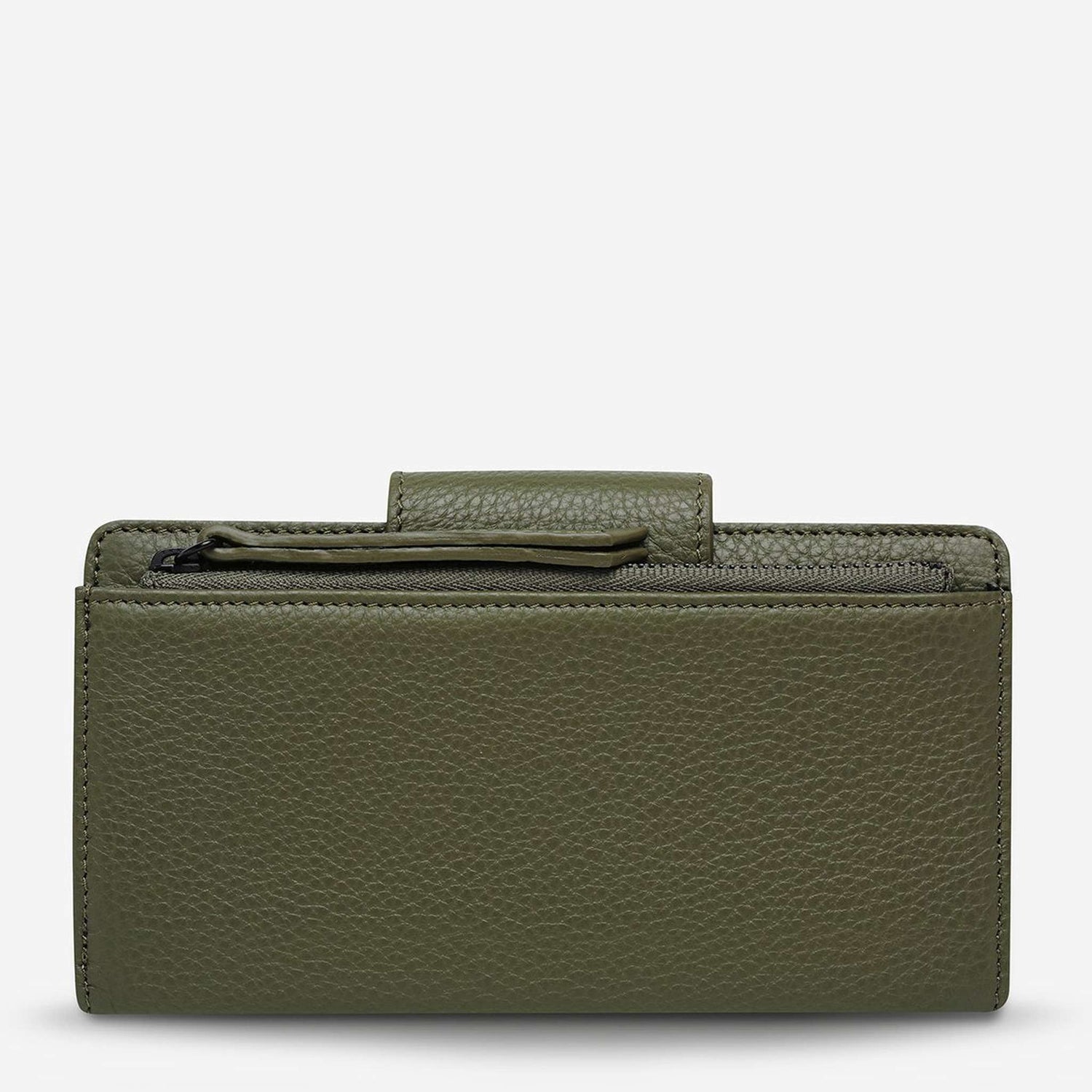 status anxiety womens leather wallet in khaki green back