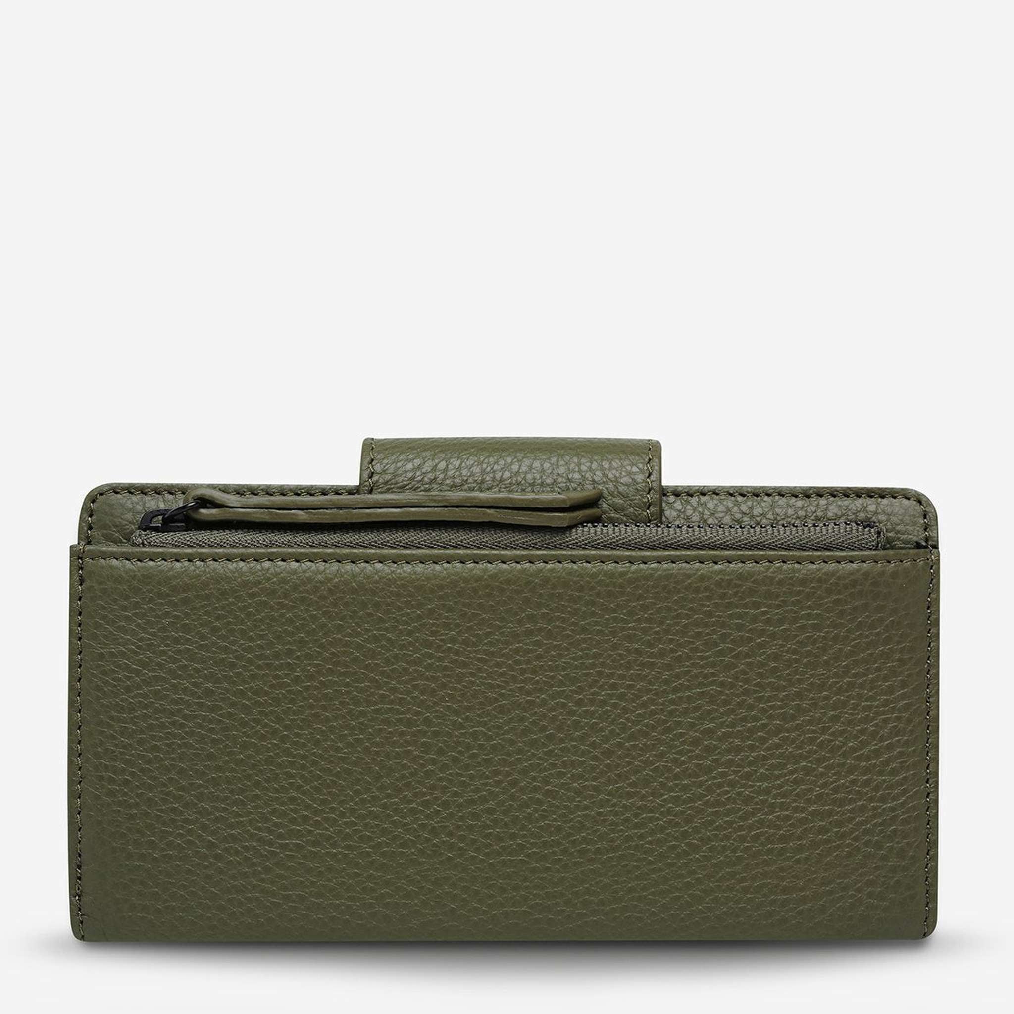 status anxiety womens leather wallet in khaki green back