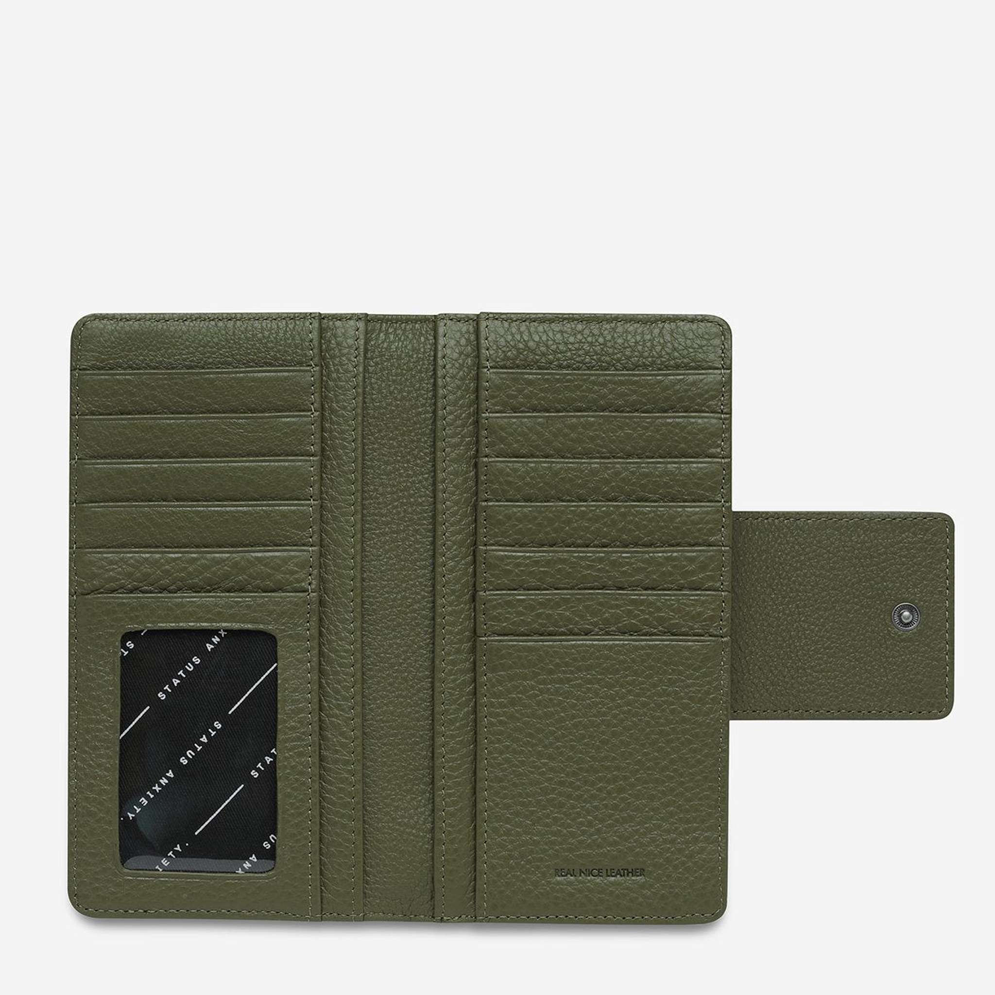 status anxiety womens leather wallet in khaki green open